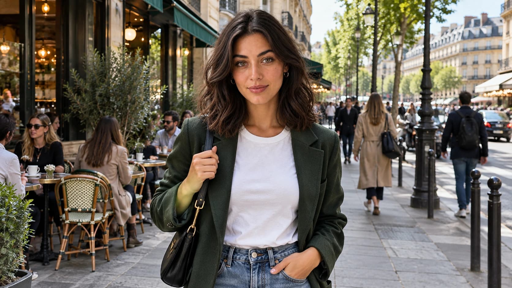 Nora en tenue décontractée dans une rue animée en journée.