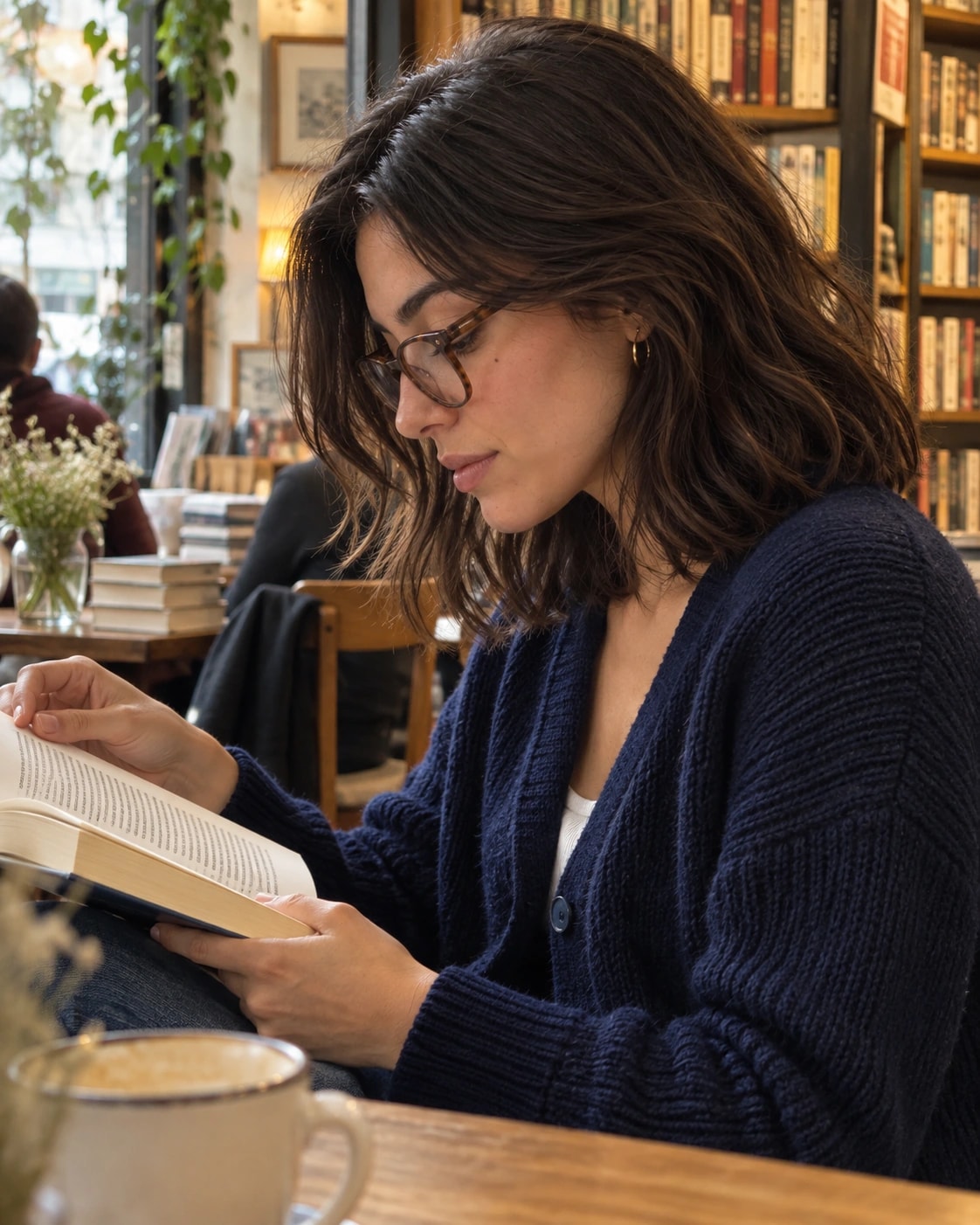 Nora lit un livre de profil dans une librairie, les yeux baissés.