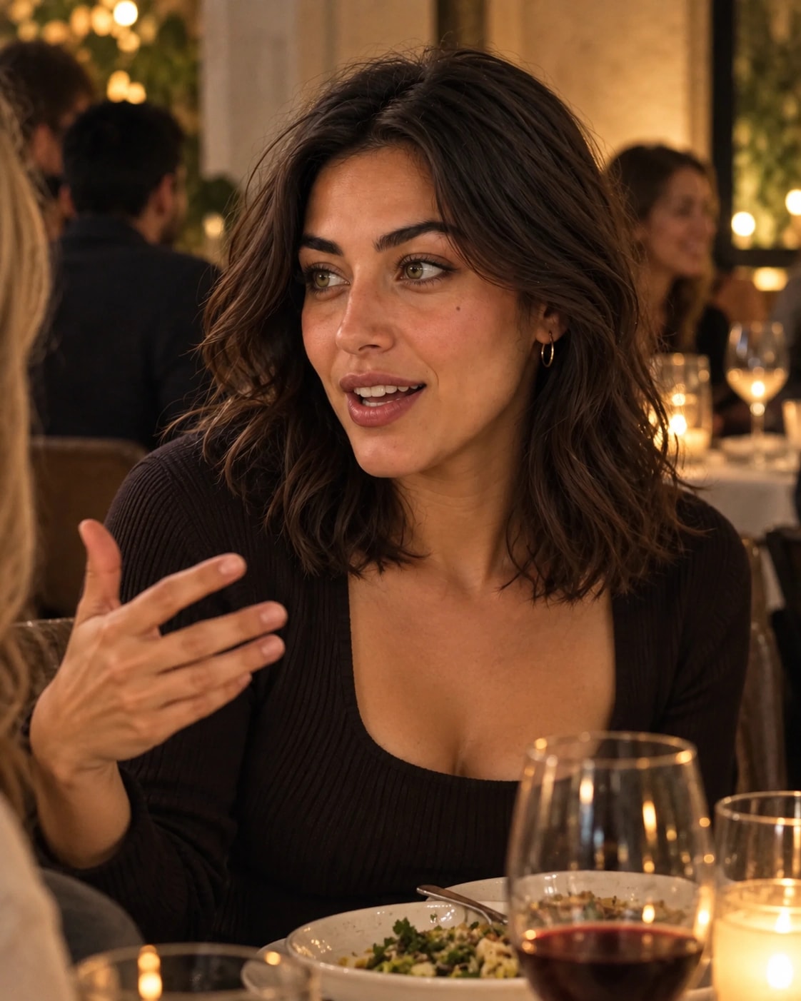Nora parle avec des amis à dîner, le regard tourné sur le côté.
