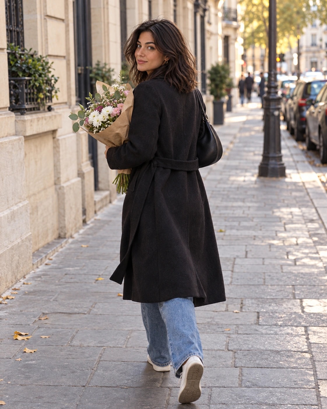 Nora marche avec des fleurs et se retourne de trois quarts dans la rue.