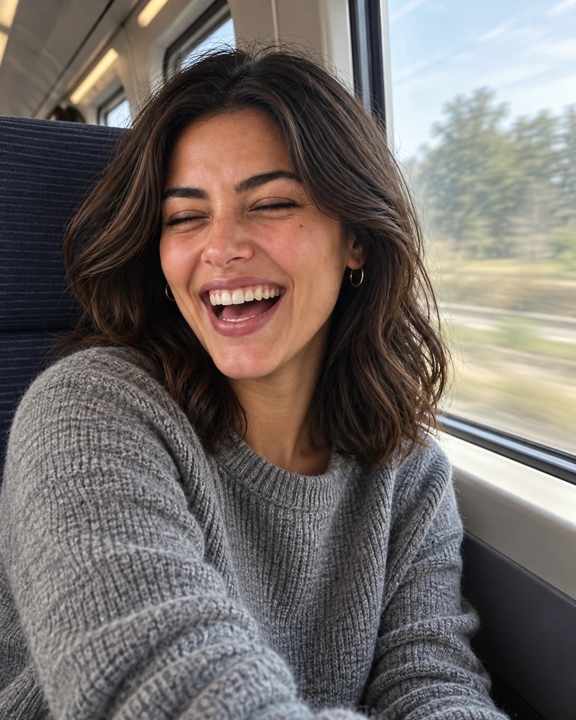 Nora éclate de rire dans le train, les yeux fermés.